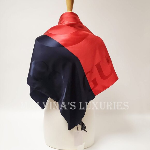 GUCCI SCARF BLUE RED WEB GG LOGO PRINT JACQUARD SILK TWILL FOULARD 35" - Picture 8 of 16
